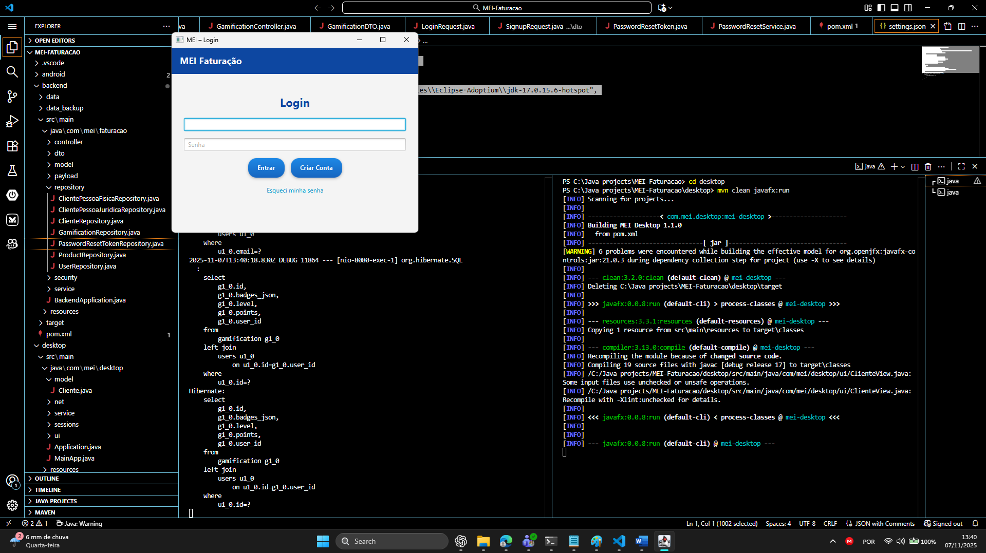 Ecrã principal da aplicação MEI
