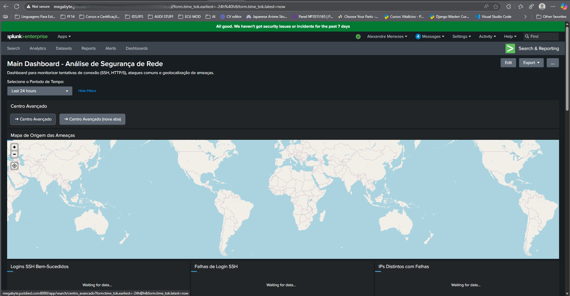 Dashboard principal do SOC em Splunk