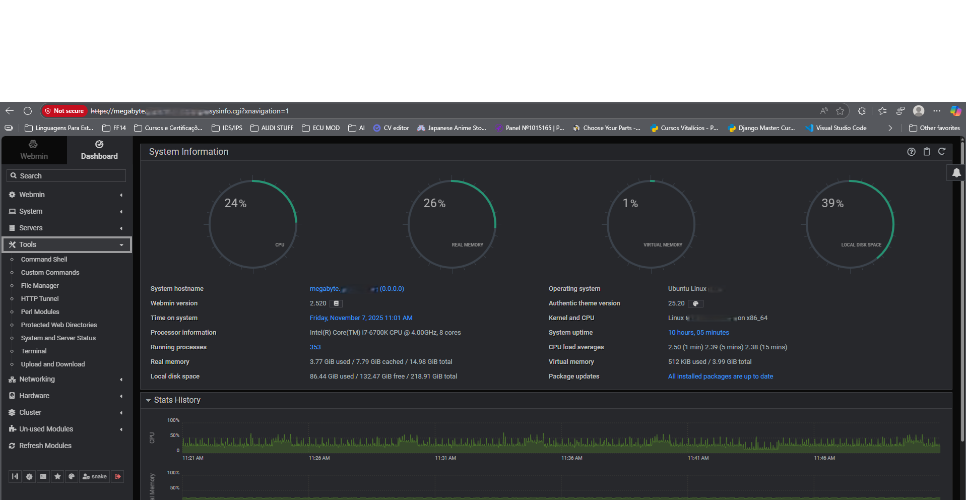Dashboard principal do Webmin