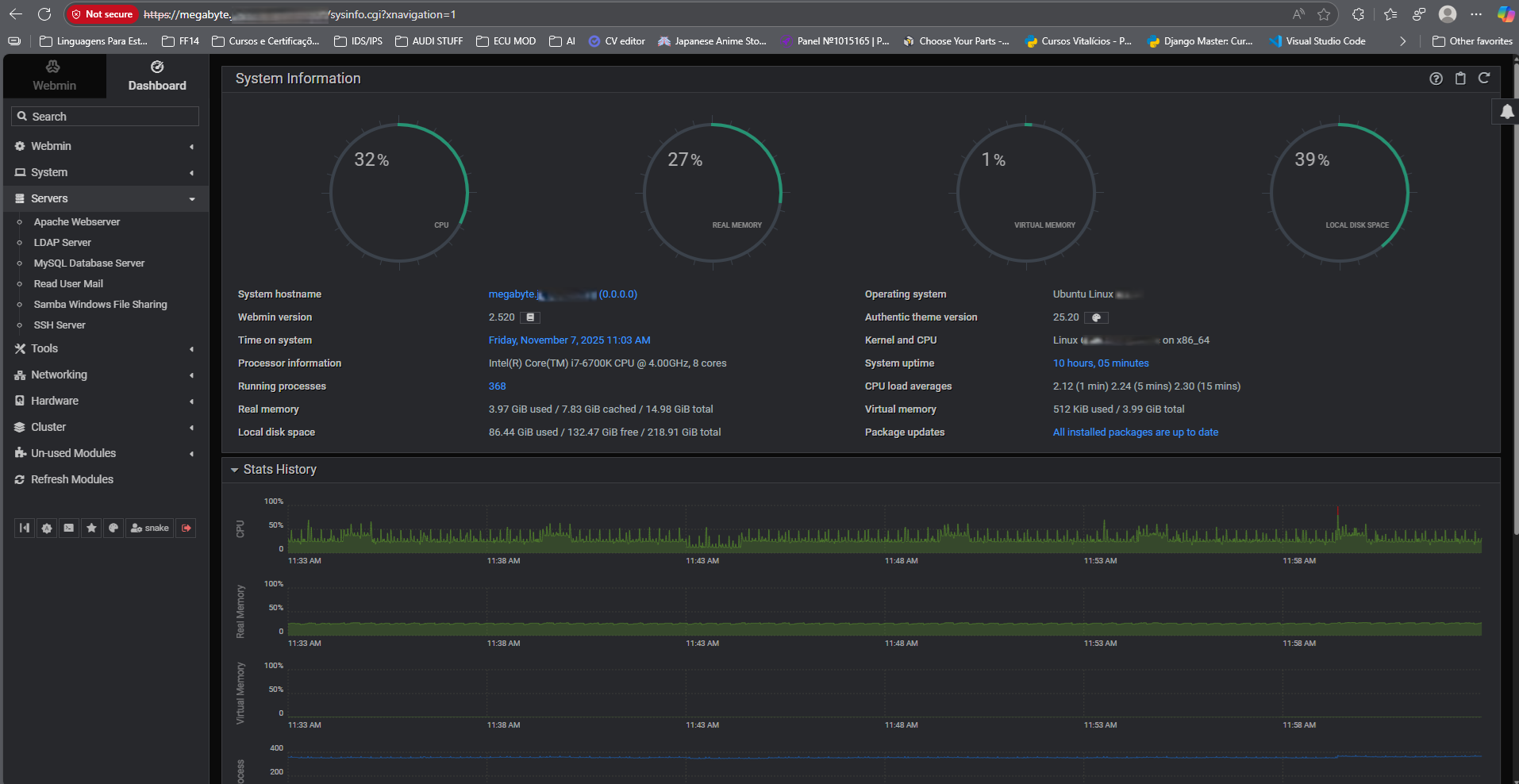 Módulos de administração no Webmin